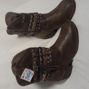 Justice Cowgirl Boots Brown Size 4 Embelished Tassels Buckle Side Zipper…
